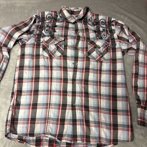 Pop Icon Clothing Women’s Plaid Pearl Snap Embroidered Western Shirt Sz L